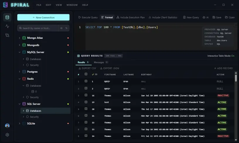Spiral query editor with results